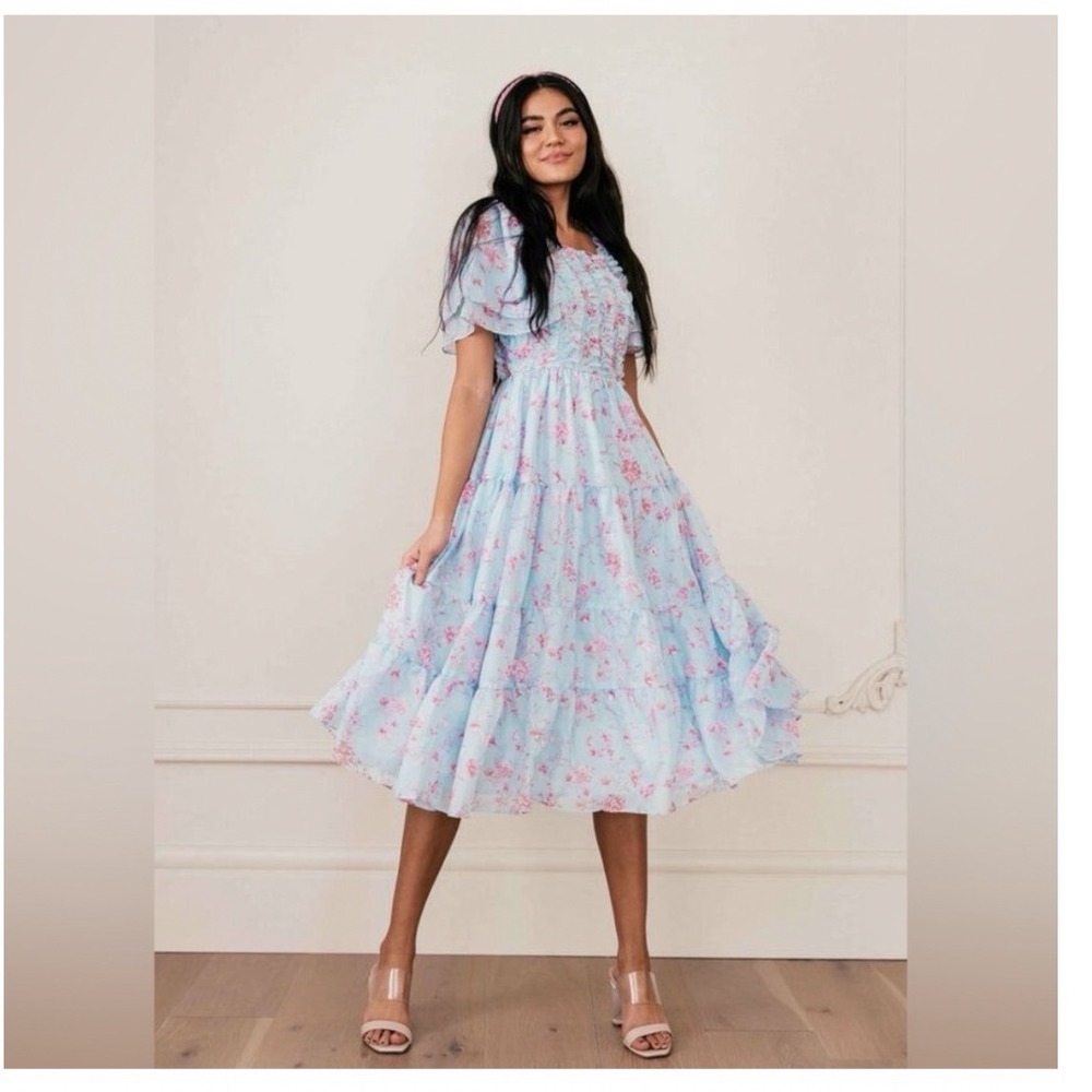 JessaKae Pemberly Dress Blue Floral Smocked Ruffle Midi Cotton Womens Large